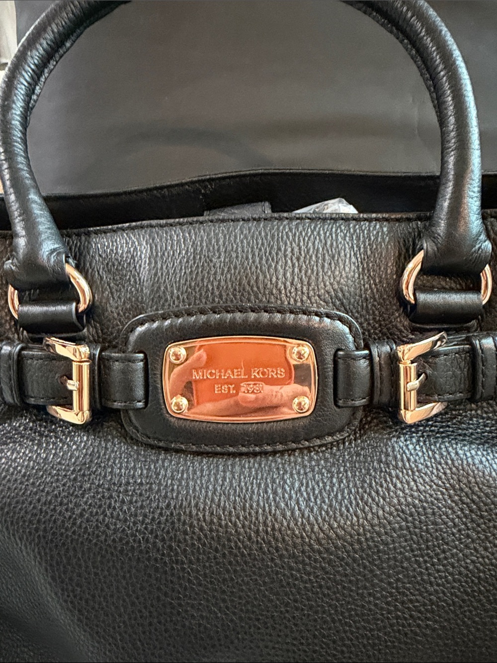 Michael Kors Black Pebbled Leather Satchel with Rose Gold Tone Plaque - Picture 3 of 5